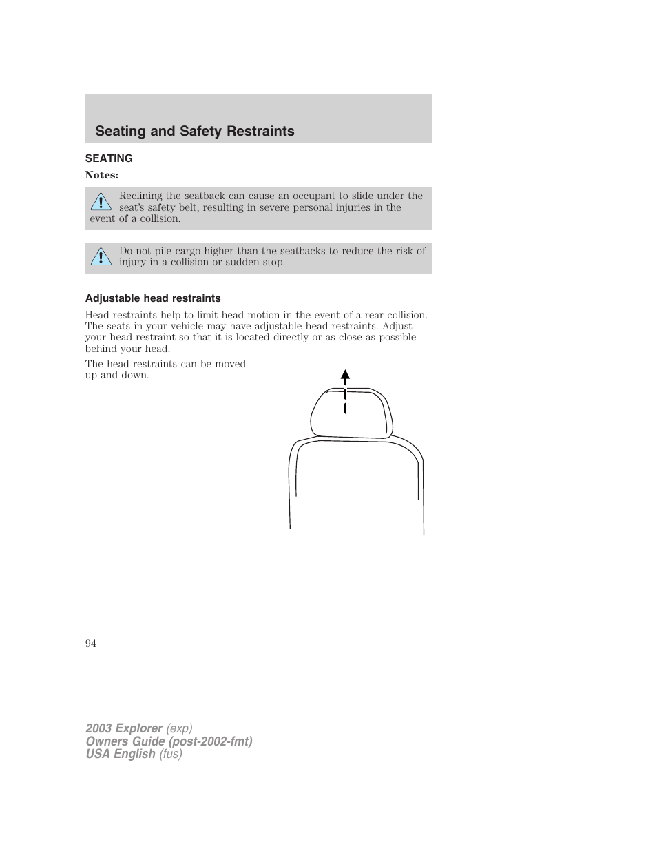 Seating and safety restraints | FORD 2003 Explorer v.5 User Manual | Page 94 / 280