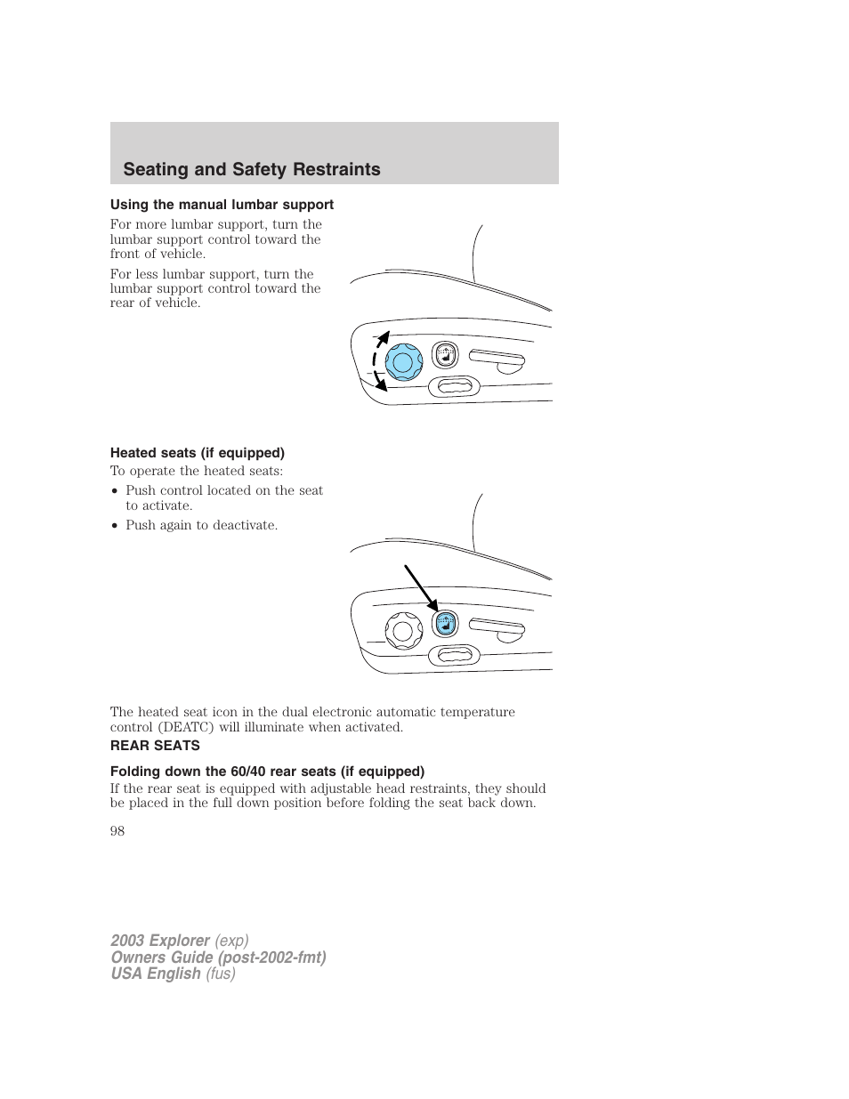 Seating and safety restraints | FORD 2003 Explorer v.5 User Manual | Page 98 / 280