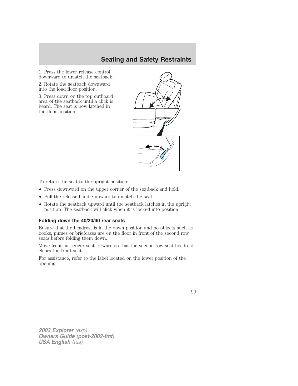 Seating and safety restraints | FORD 2003 Explorer v.5 User Manual | Page 99 / 280