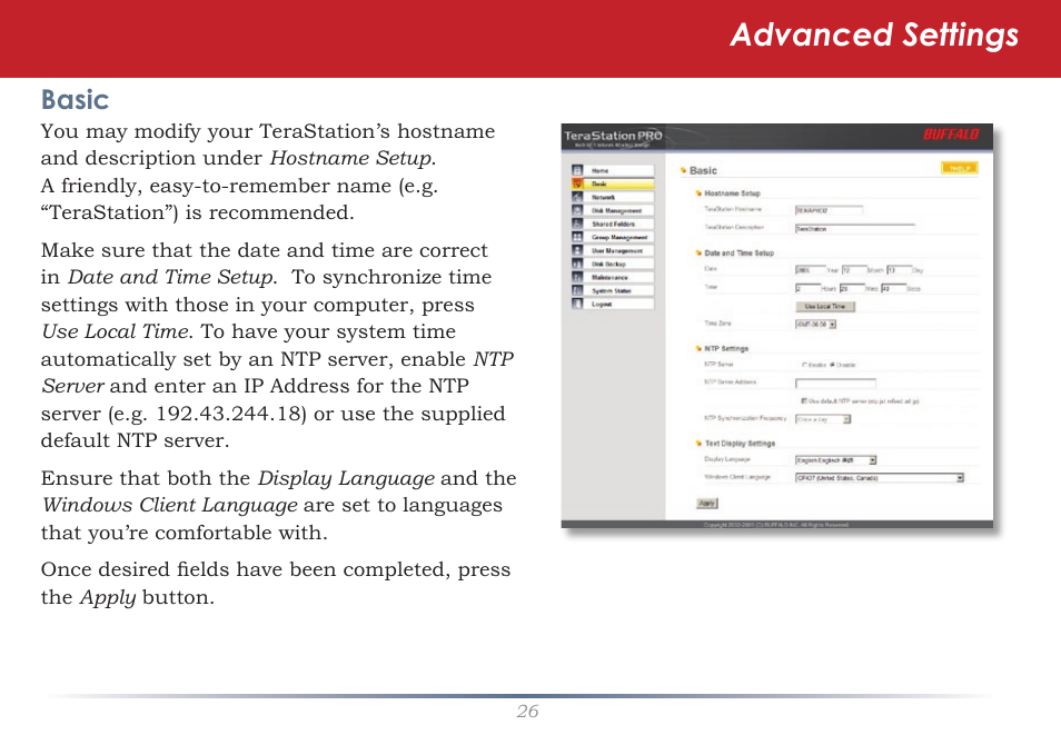 Advanced settings, Basic | Buffalo Technology TeraStation Pro II TS-HTGL/R5 User Manual | Page 26 / 79