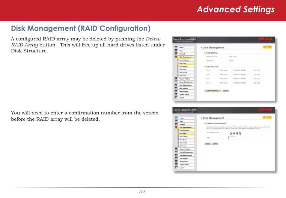 Advanced settings, Disk management (raid configuration) | Buffalo Technology TeraStation Pro II TS-HTGL/R5 User Manual | Page 32 / 79