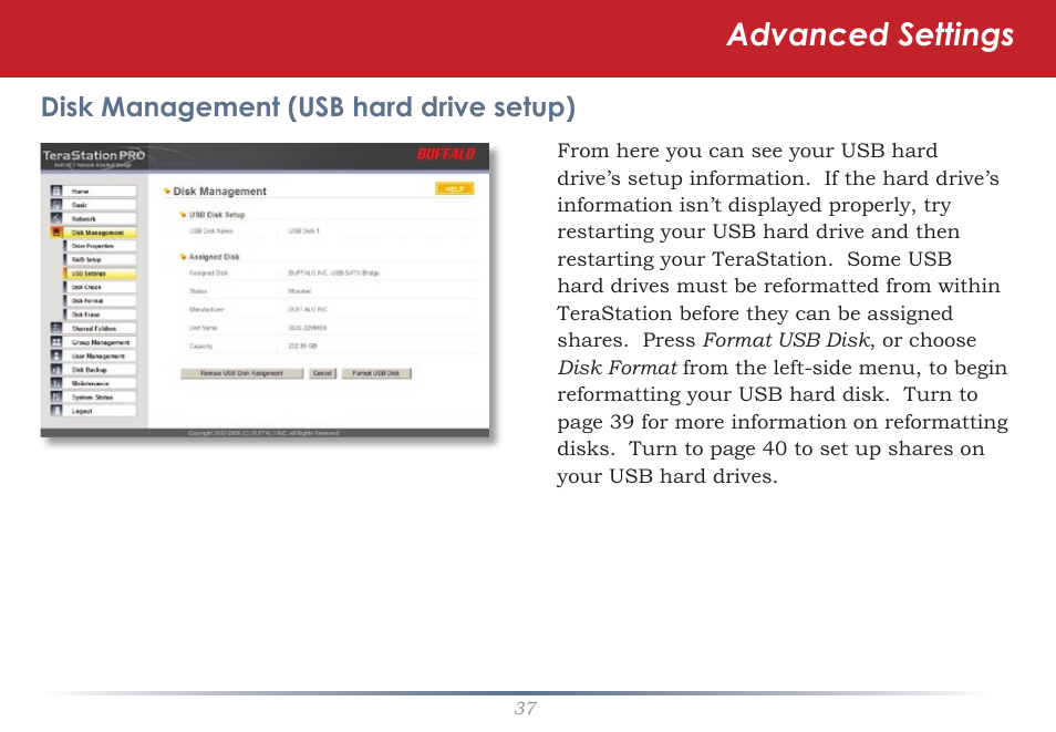 Advanced settings, Disk management (usb hard drive setup) | Buffalo Technology TeraStation Pro II TS-HTGL/R5 User Manual | Page 37 / 79
