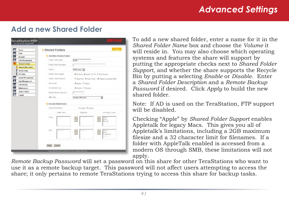 Advanced settings, Add a new shared folder | Buffalo Technology TeraStation Pro II TS-HTGL/R5 User Manual | Page 41 / 79