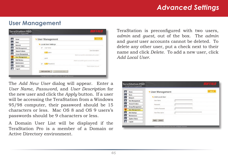 Advanced settings, User management | Buffalo Technology TeraStation Pro II TS-HTGL/R5 User Manual | Page 46 / 79