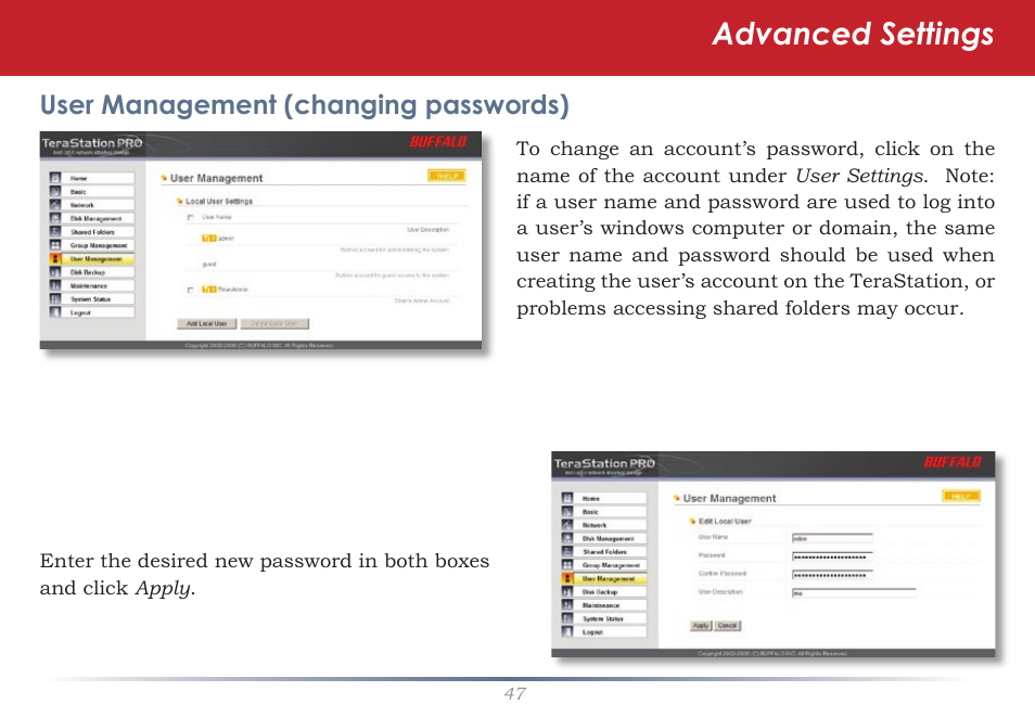 Advanced settings | Buffalo Technology TeraStation Pro II TS-HTGL/R5 User Manual | Page 47 / 79
