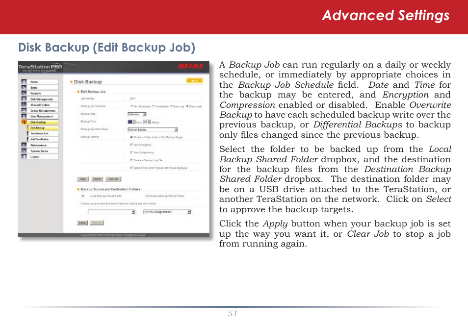 Advanced settings, Disk backup (edit backup job) | Buffalo Technology TeraStation Pro II TS-HTGL/R5 User Manual | Page 51 / 79