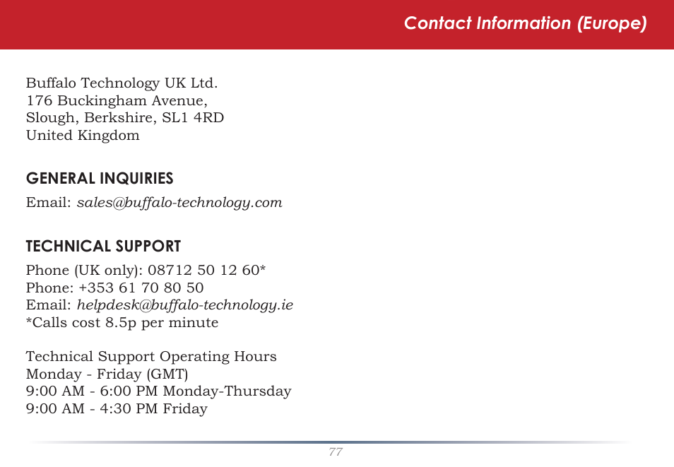 Contact information (europe) | Buffalo Technology TeraStation Pro II TS-HTGL/R5 User Manual | Page 77 / 79