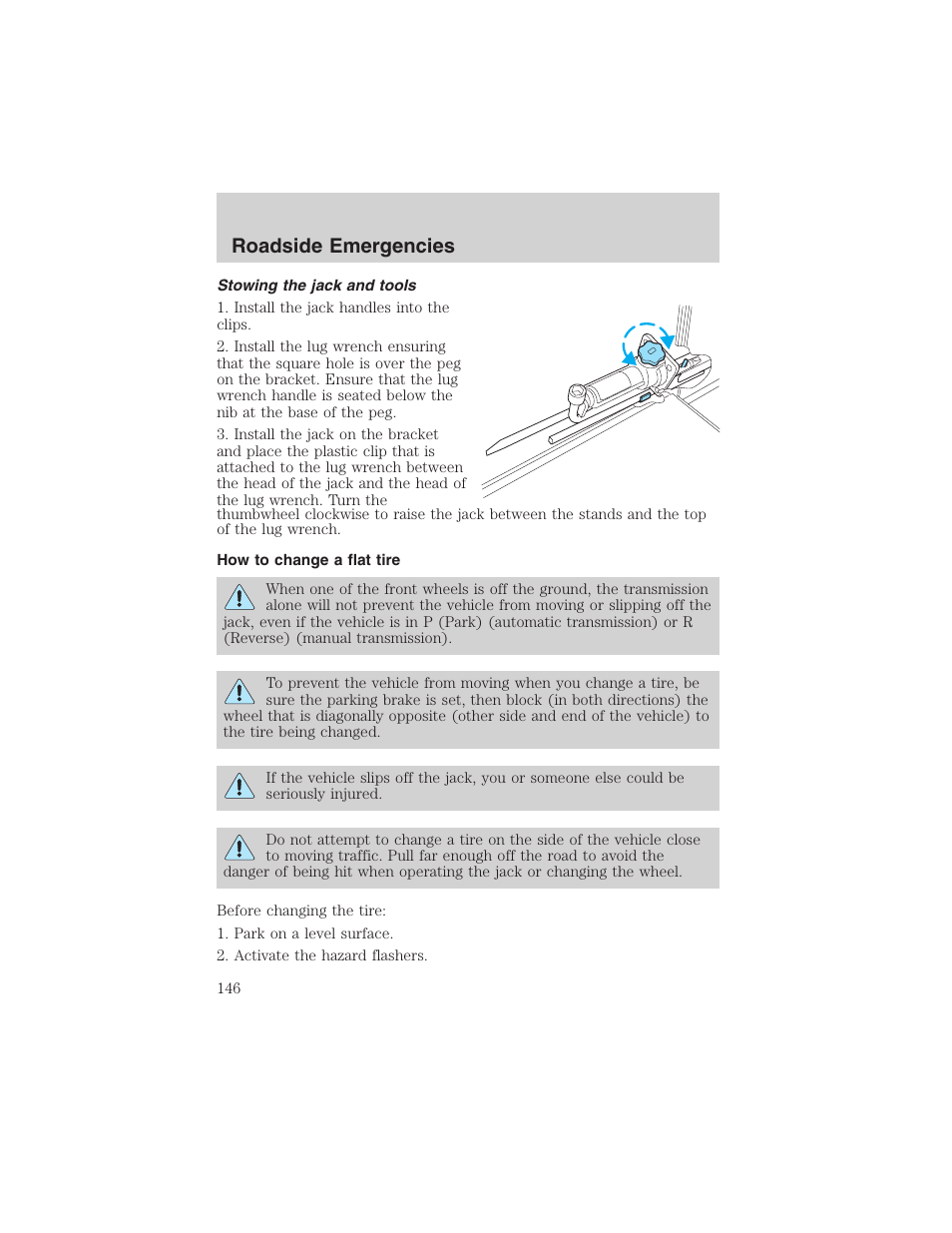 Roadside emergencies | FORD 2003 Explorer Sport Trac v.1 User Manual | Page 146 / 216