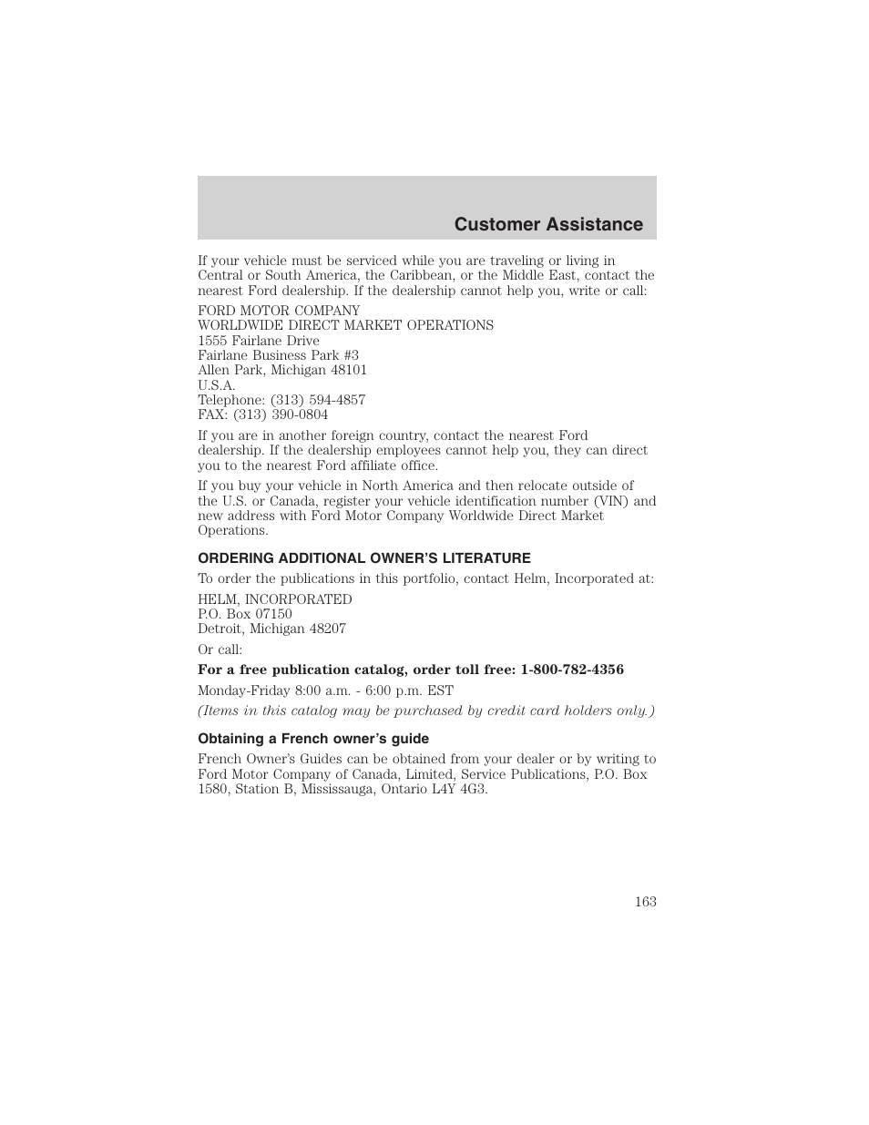 Customer assistance | FORD 2003 Explorer Sport Trac v.1 User Manual | Page 163 / 216