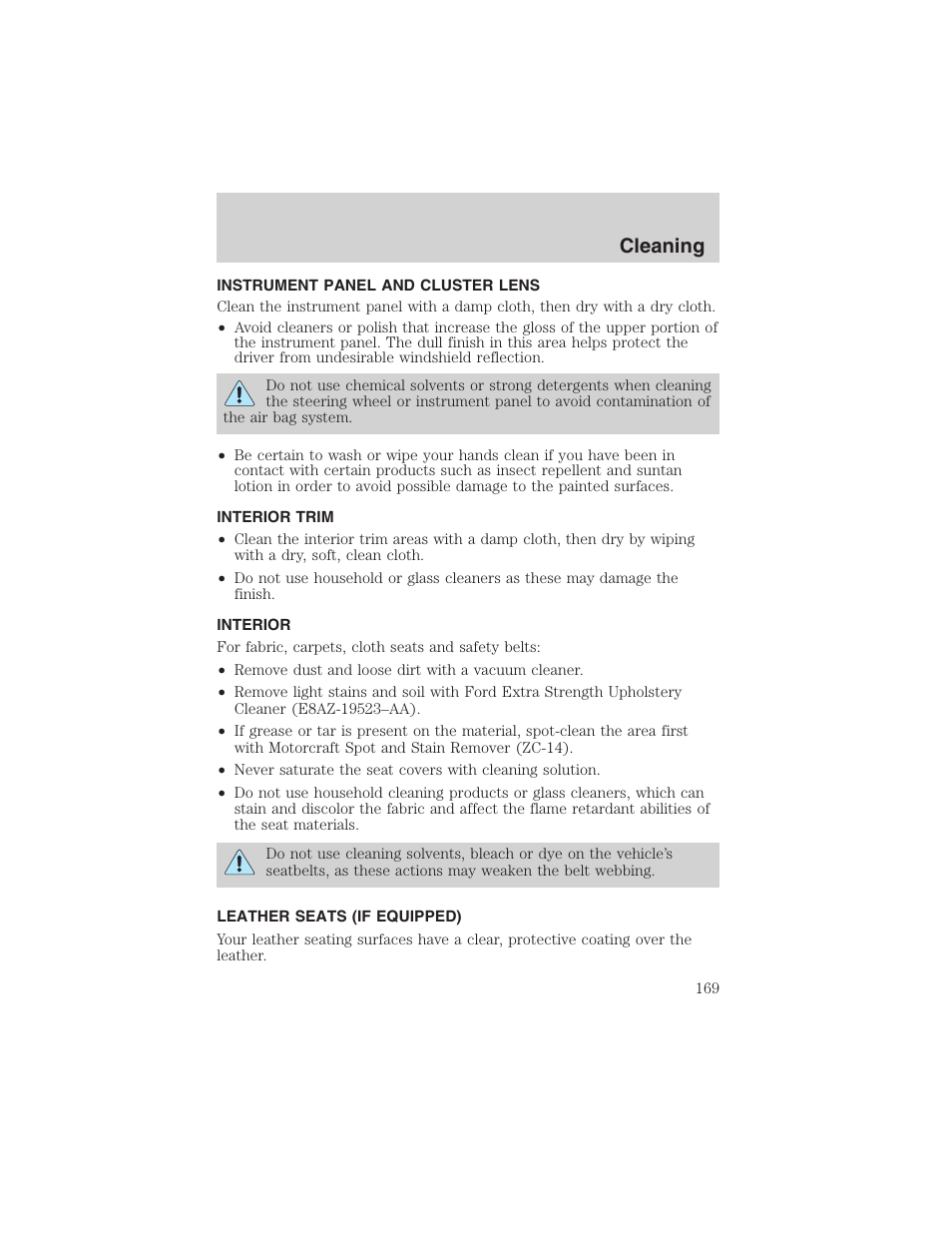 Cleaning | FORD 2003 Explorer Sport Trac v.1 User Manual | Page 169 / 216