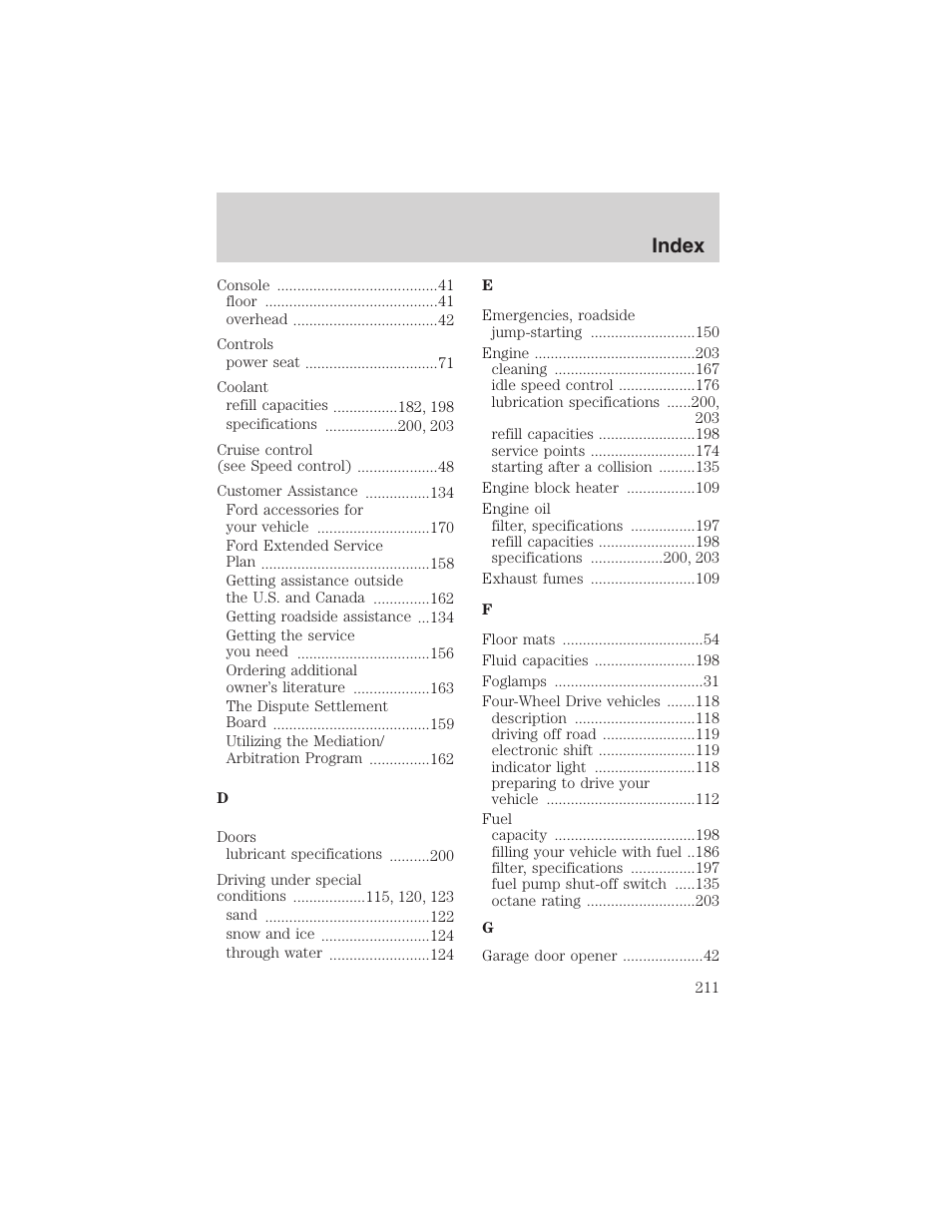 Index | FORD 2003 Explorer Sport Trac v.1 User Manual | Page 211 / 216