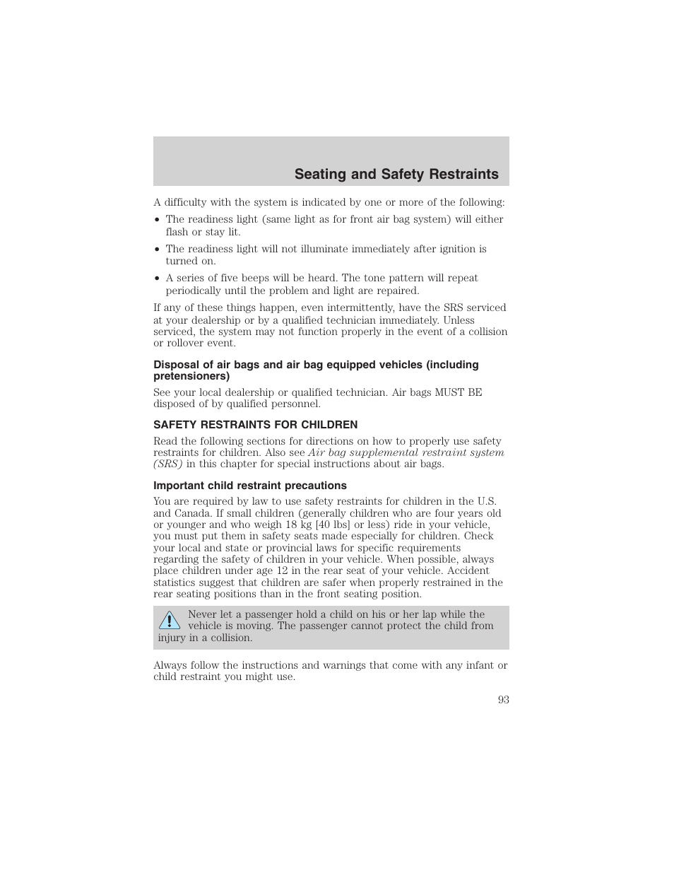 Seating and safety restraints | FORD 2003 Explorer Sport Trac v.1 User Manual | Page 93 / 216