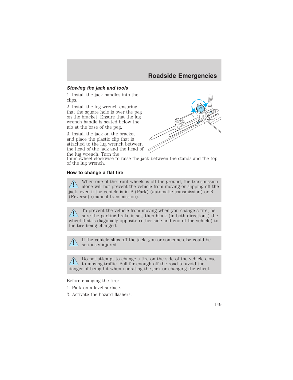 Roadside emergencies | FORD 2003 Explorer Sport Trac v.2 User Manual | Page 149 / 216