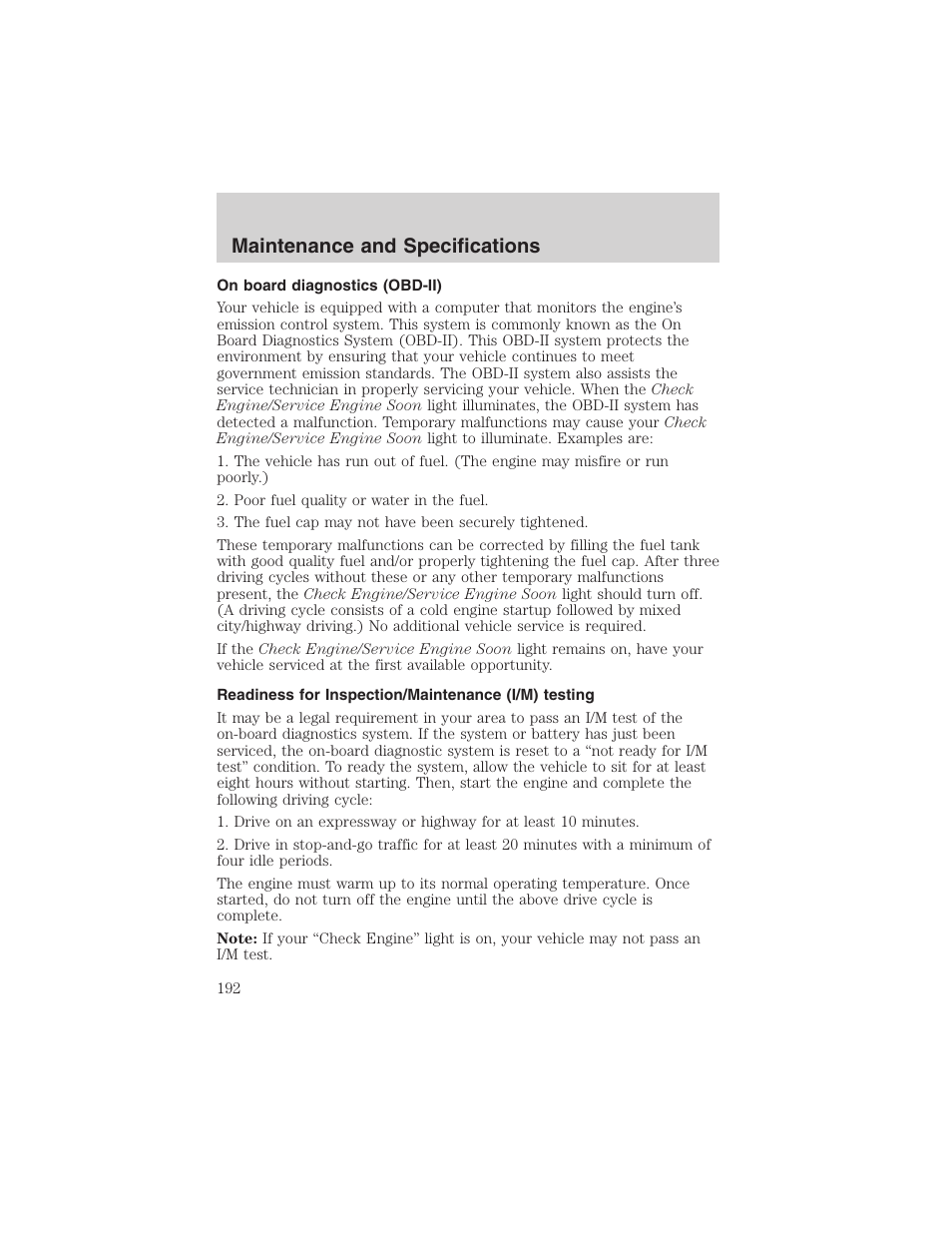 Maintenance and specifications | FORD 2003 Explorer Sport Trac v.2 User Manual | Page 192 / 216