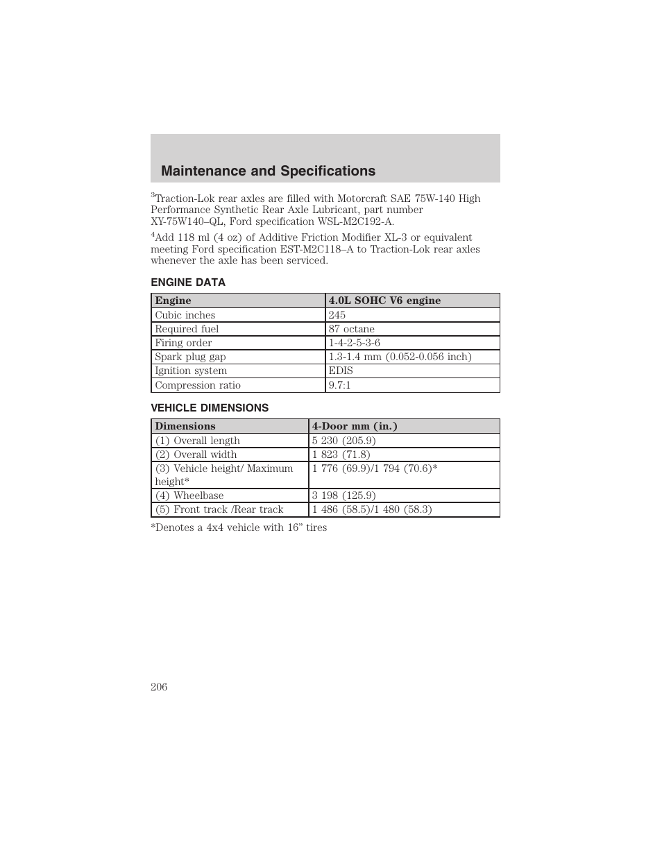 Maintenance and specifications | FORD 2003 Explorer Sport Trac v.2 User Manual | Page 206 / 216