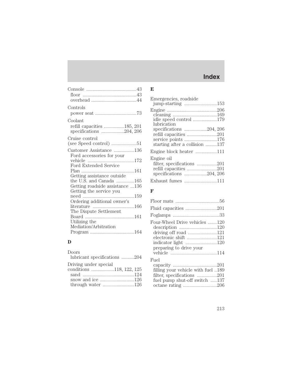 Index | FORD 2003 Explorer Sport Trac v.2 User Manual | Page 213 / 216