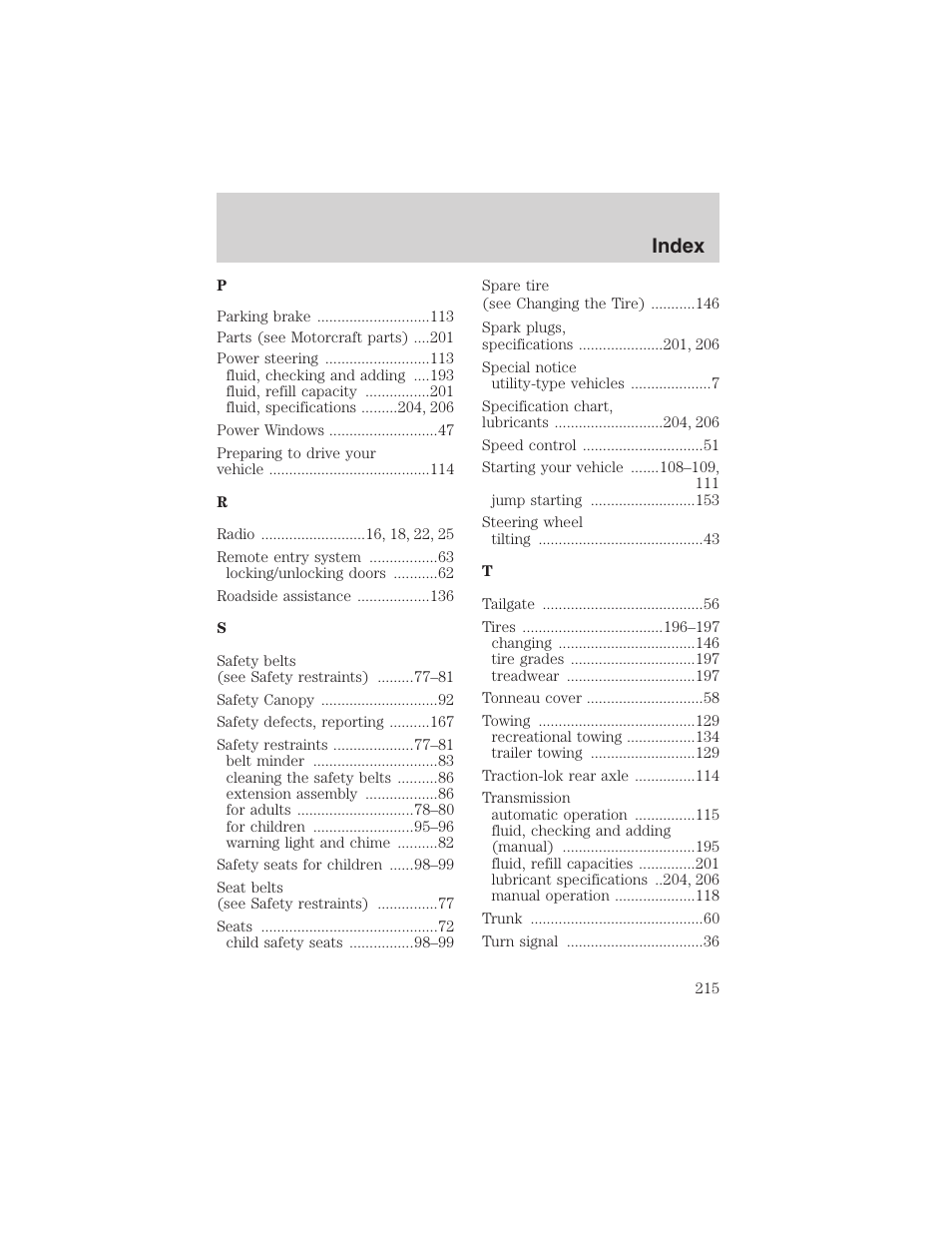 Index | FORD 2003 Explorer Sport Trac v.2 User Manual | Page 215 / 216