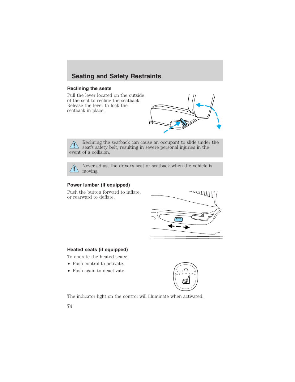 Seating and safety restraints | FORD 2003 Explorer Sport Trac v.2 User Manual | Page 74 / 216