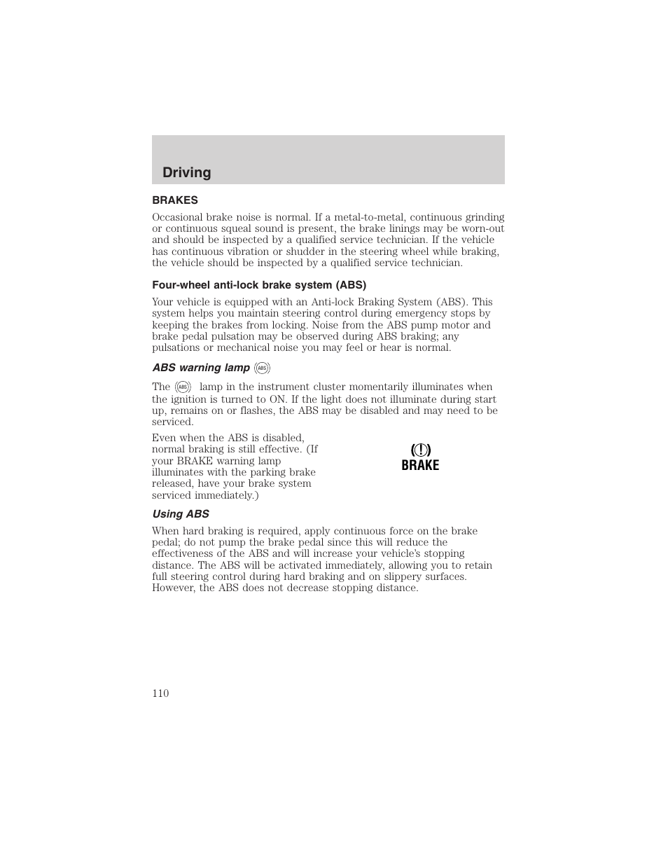 Driving, Brake | FORD 2003 Explorer Sport Trac v.3 User Manual | Page 110 / 216