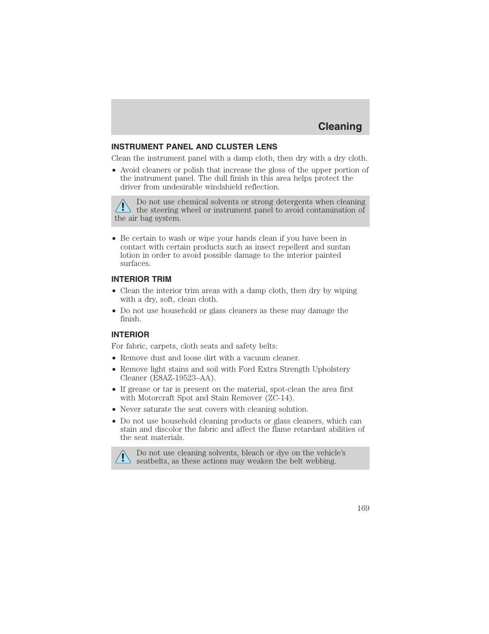 Cleaning | FORD 2003 Explorer Sport Trac v.3 User Manual | Page 169 / 216