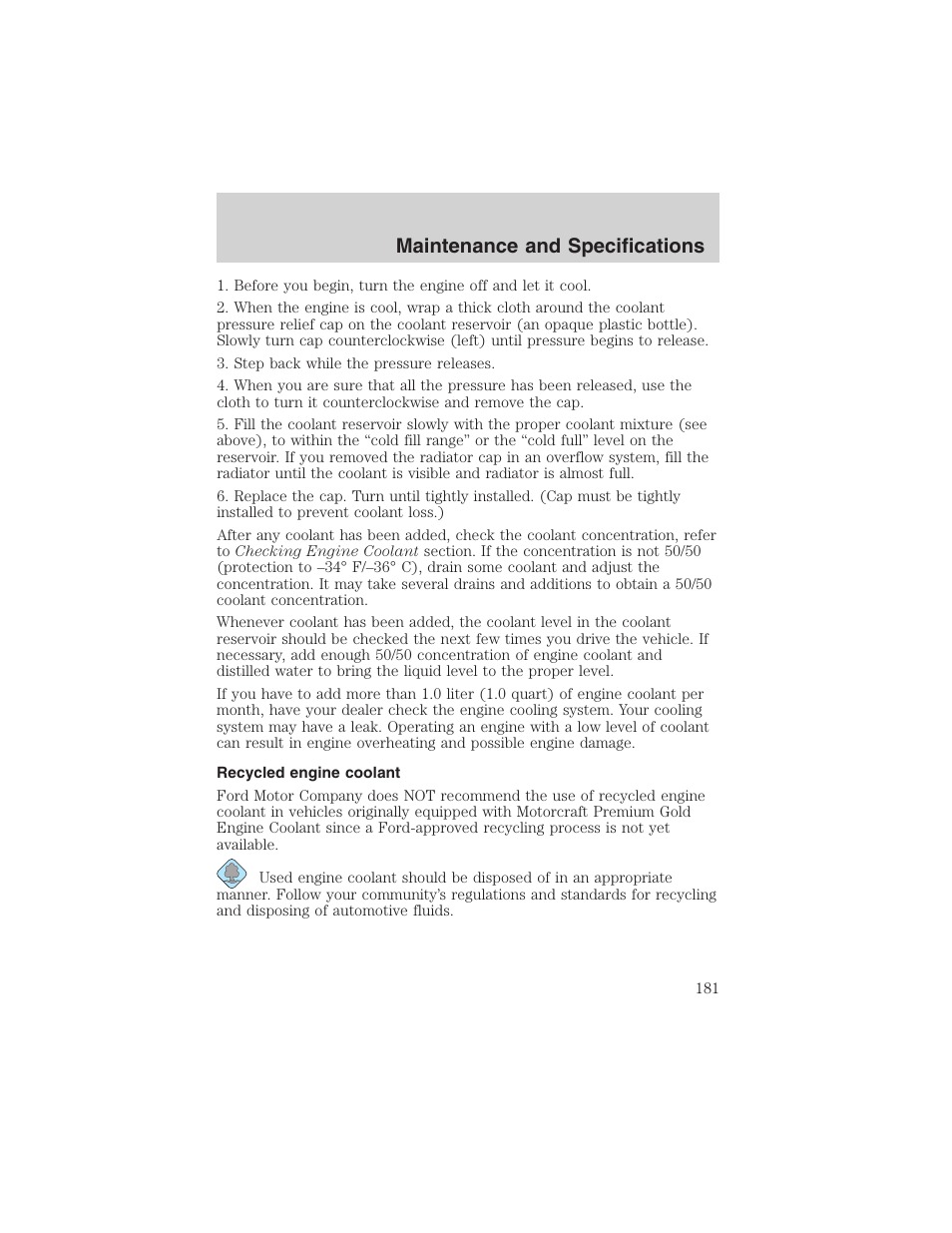 Maintenance and specifications | FORD 2003 Explorer Sport Trac v.3 User Manual | Page 181 / 216