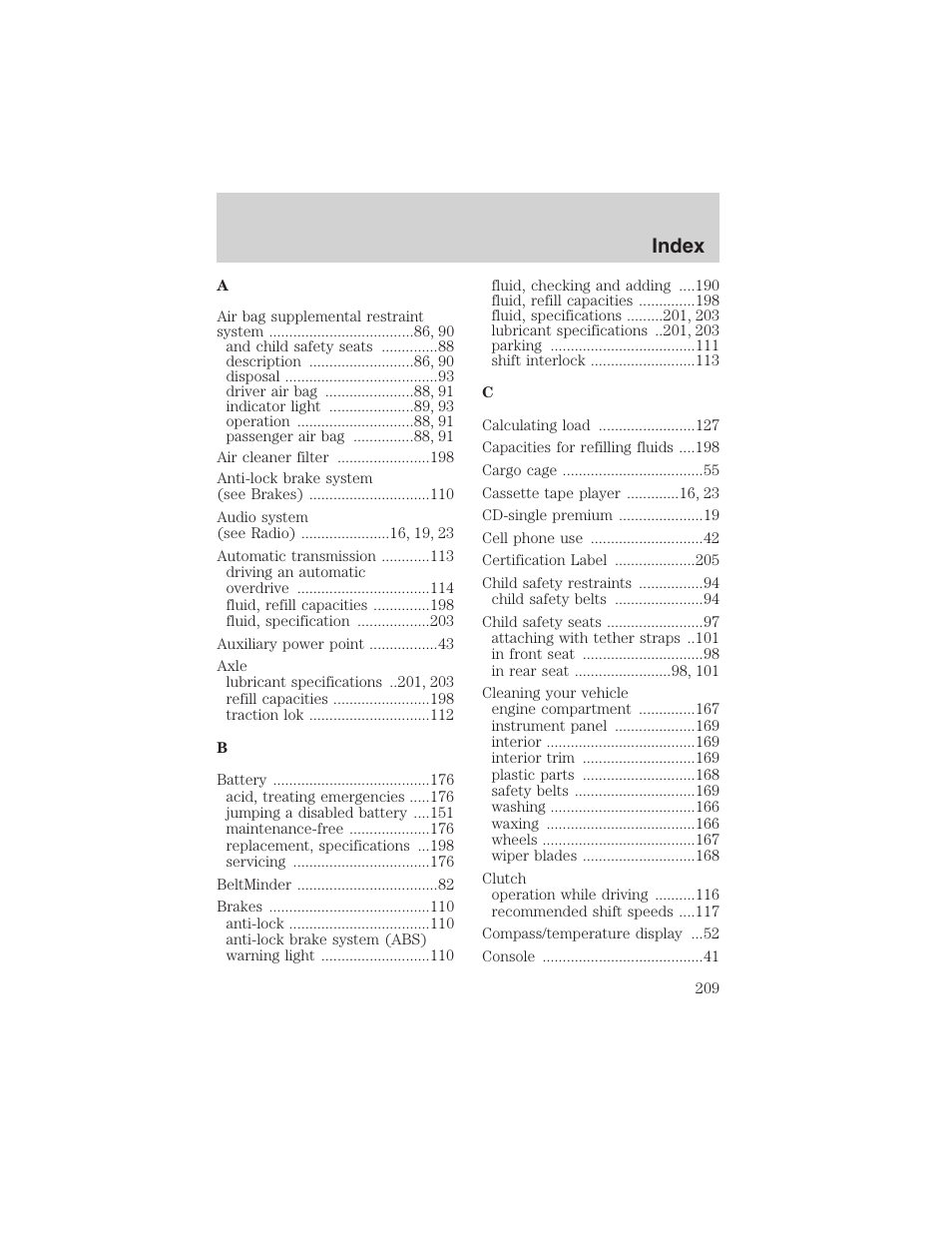 Index | FORD 2003 Explorer Sport Trac v.3 User Manual | Page 209 / 216