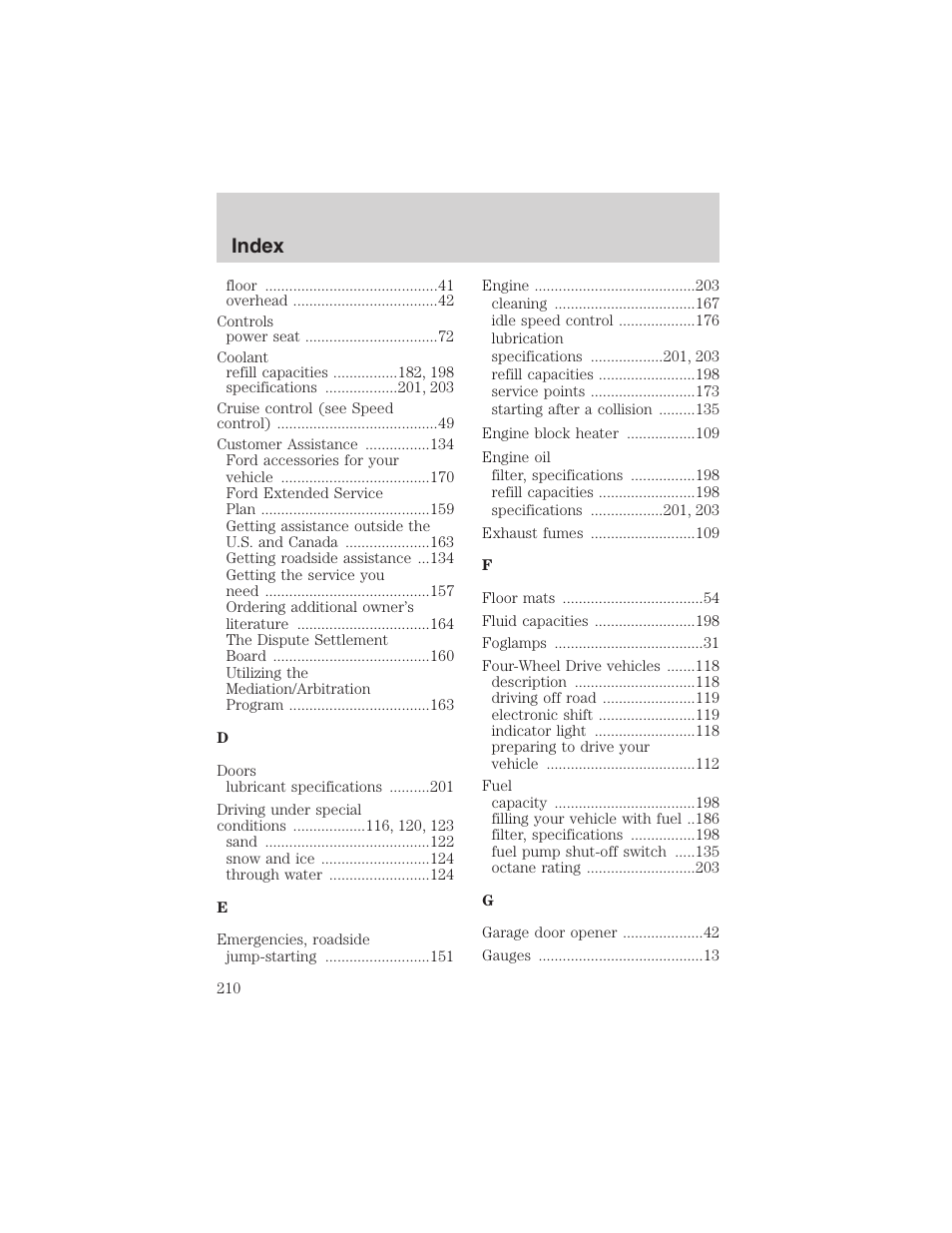 Index | FORD 2003 Explorer Sport Trac v.3 User Manual | Page 210 / 216