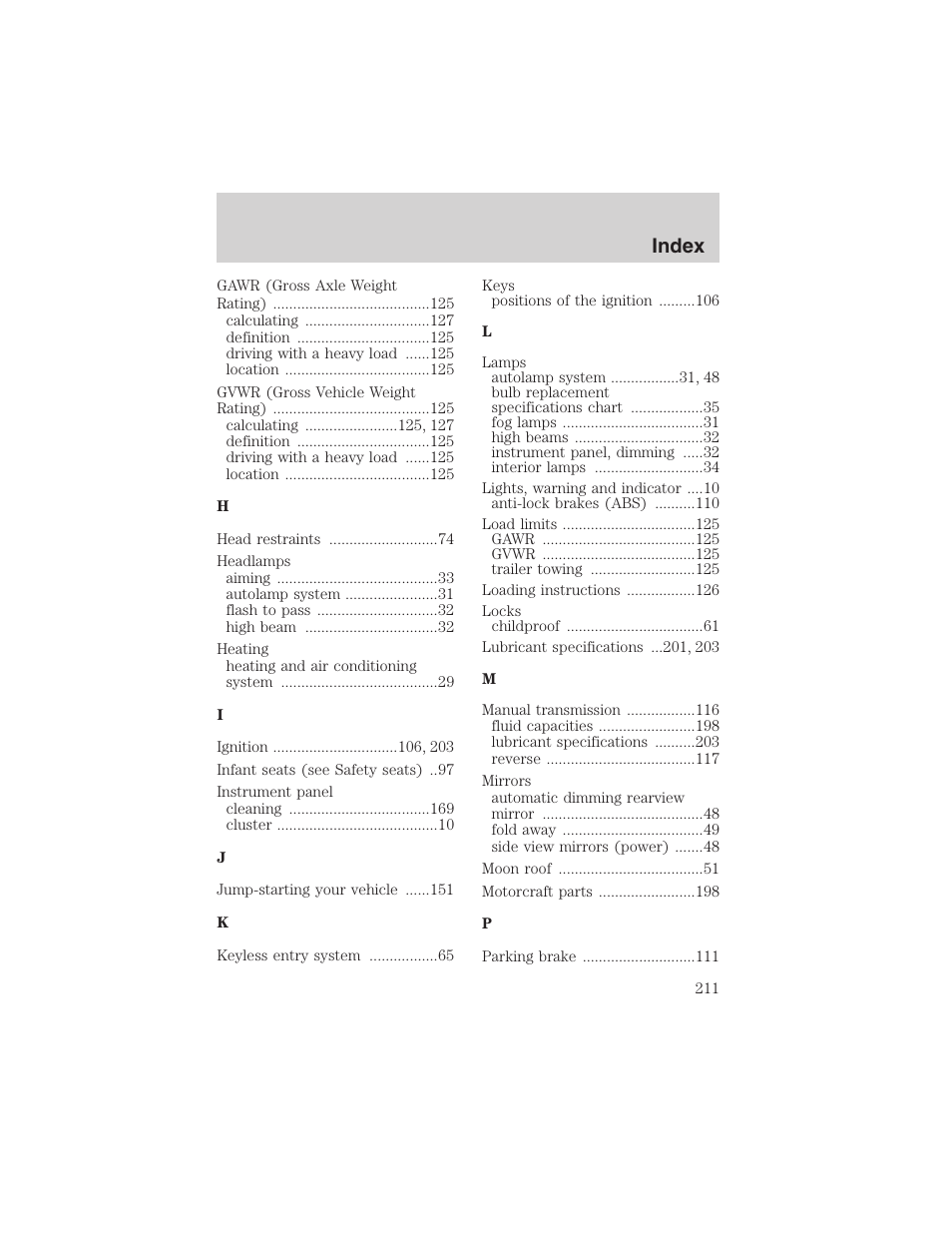 Index | FORD 2003 Explorer Sport Trac v.3 User Manual | Page 211 / 216