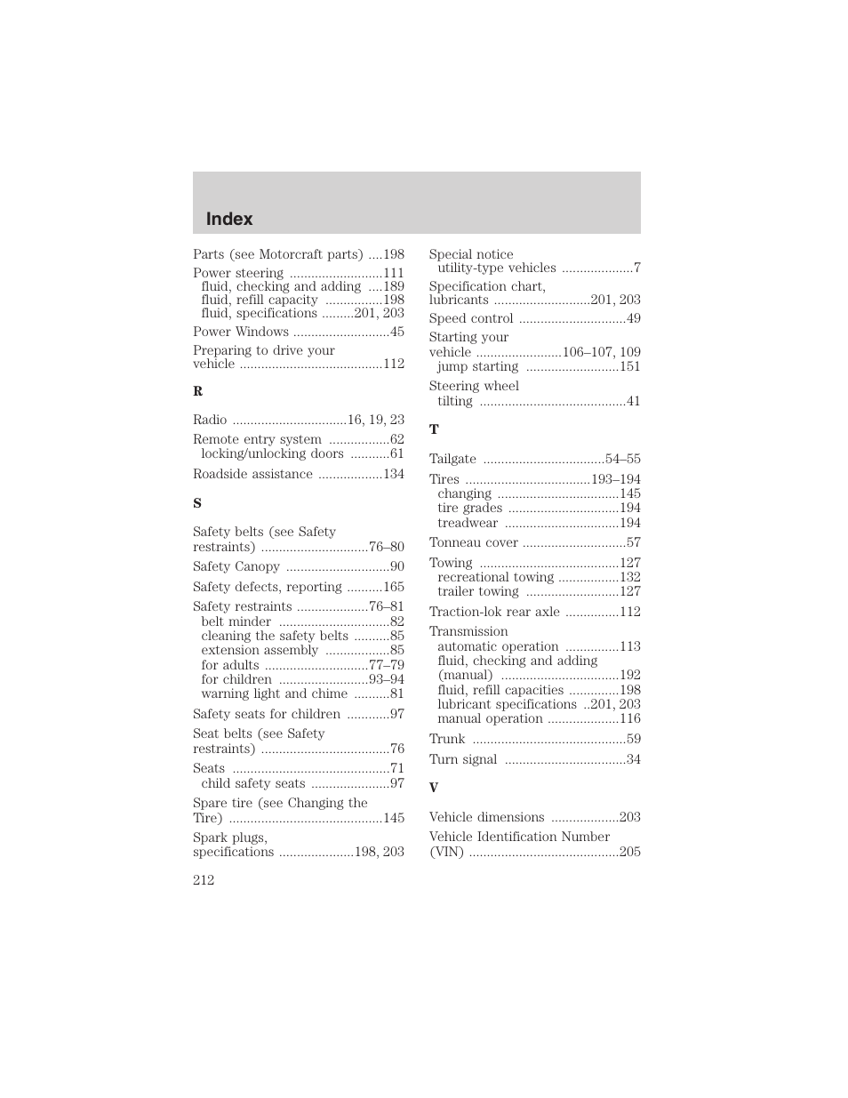 Index | FORD 2003 Explorer Sport Trac v.3 User Manual | Page 212 / 216