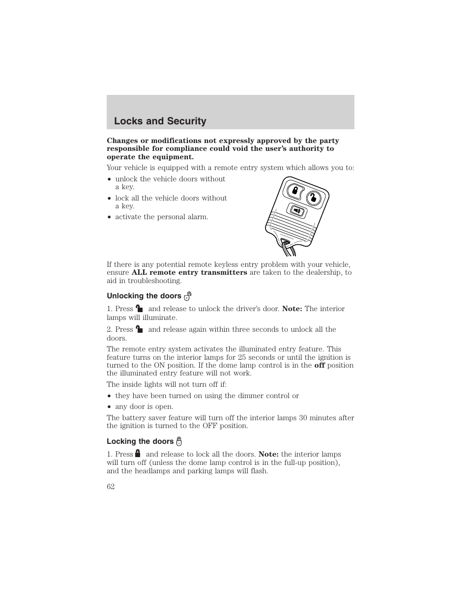 Locks and security | FORD 2003 Explorer Sport Trac v.3 User Manual | Page 62 / 216