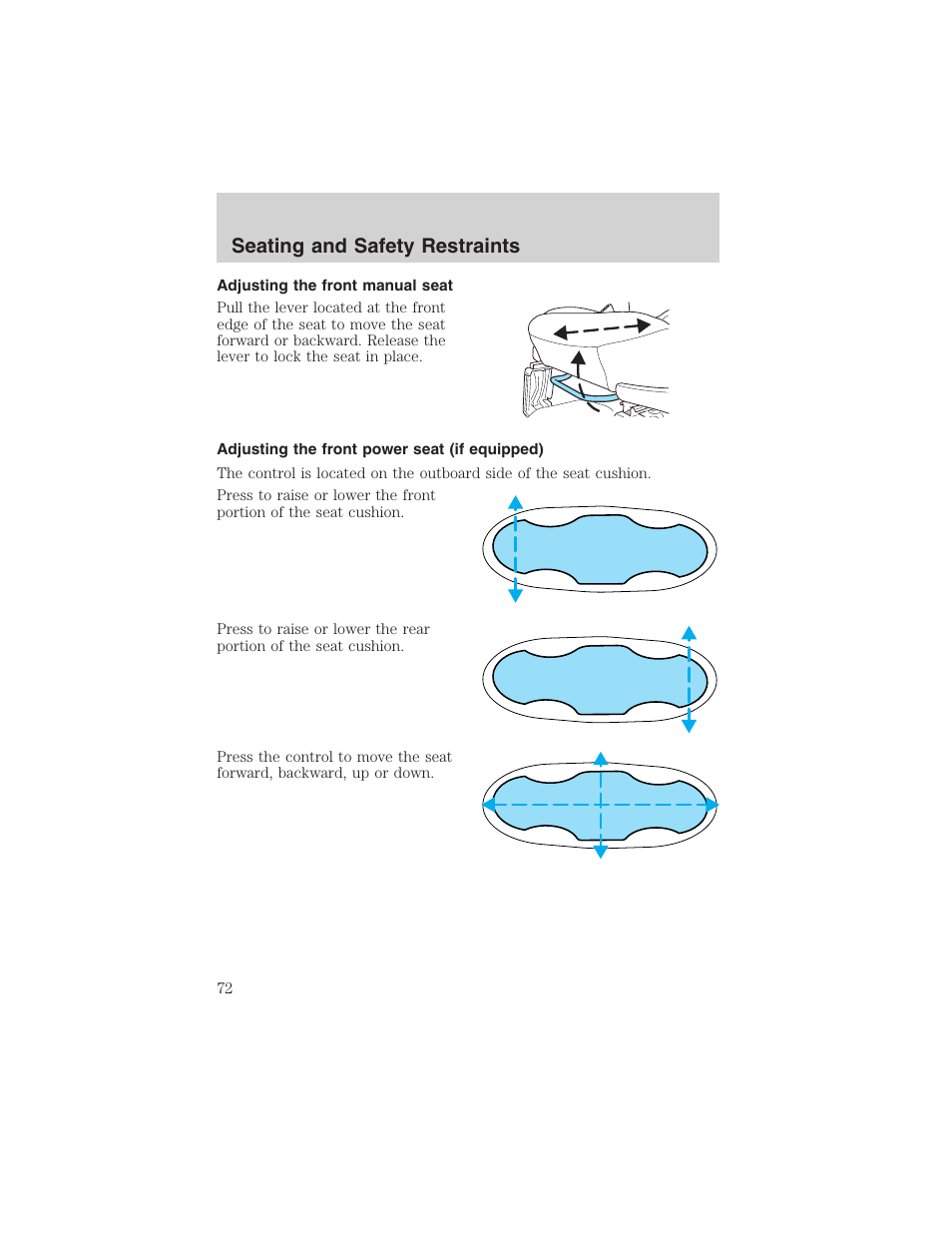 Seating and safety restraints | FORD 2003 Explorer Sport Trac v.3 User Manual | Page 72 / 216