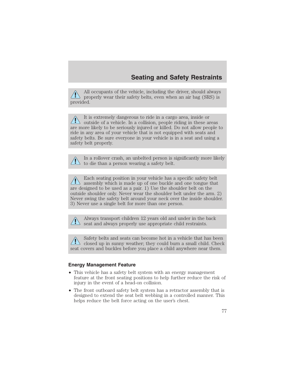 Seating and safety restraints | FORD 2003 Explorer Sport Trac v.3 User Manual | Page 77 / 216