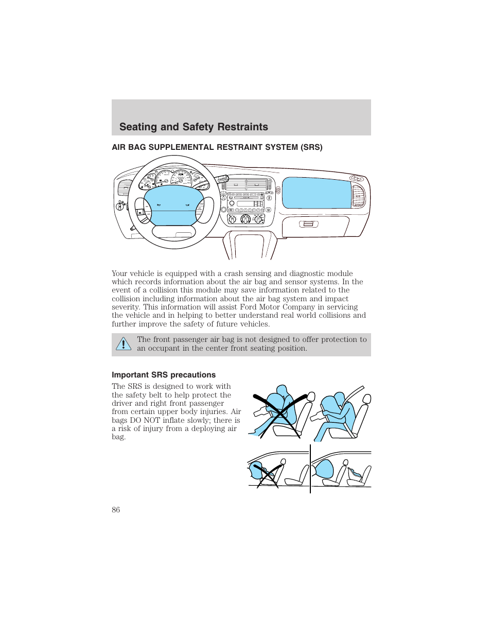 Seating and safety restraints, Menu f seek rew ff, Rpmx1000 abs ! engine fuel reset fuel door | Speed cont 4wd high 4wd low o/d off, Check gage check susp | FORD 2003 Explorer Sport Trac v.3 User Manual | Page 86 / 216