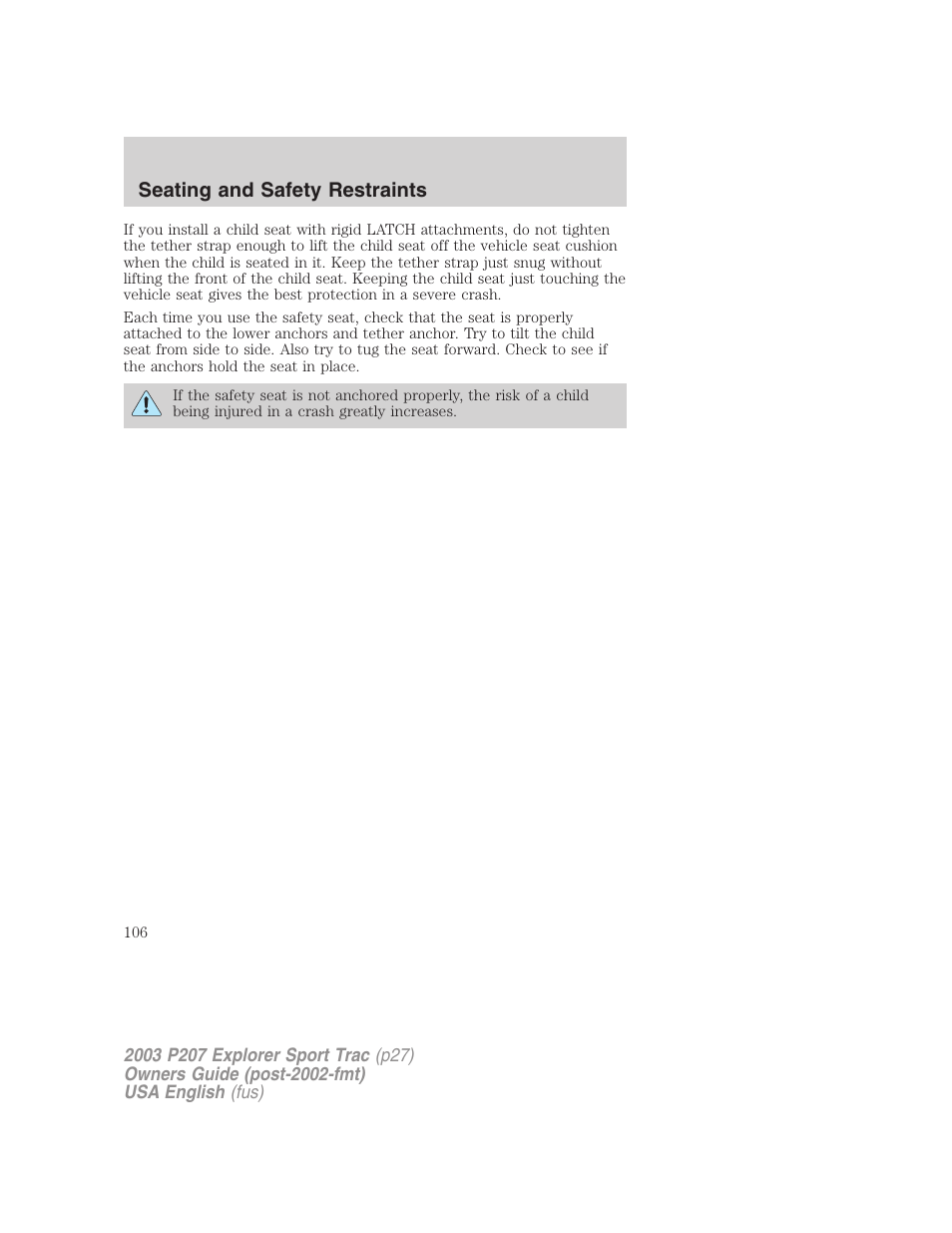 Seating and safety restraints | FORD 2003 Explorer Sport Trac v.4 User Manual | Page 106 / 216