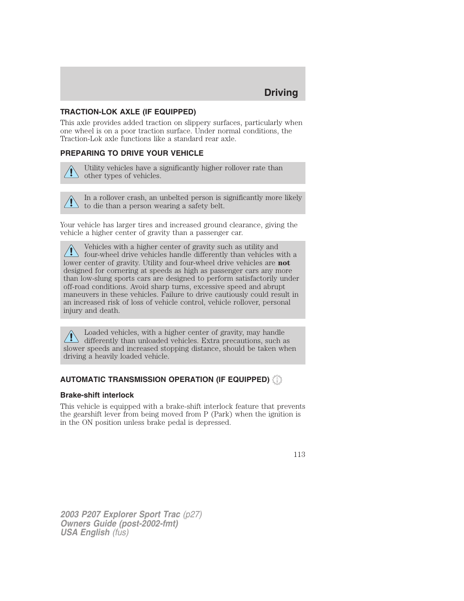 Driving | FORD 2003 Explorer Sport Trac v.4 User Manual | Page 113 / 216