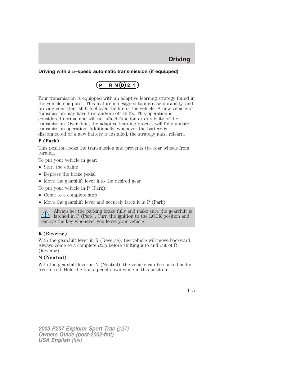 Driving | FORD 2003 Explorer Sport Trac v.4 User Manual | Page 115 / 216