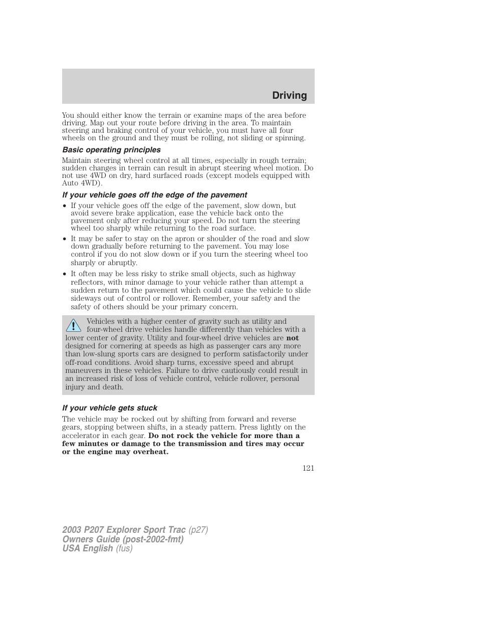 Driving | FORD 2003 Explorer Sport Trac v.4 User Manual | Page 121 / 216
