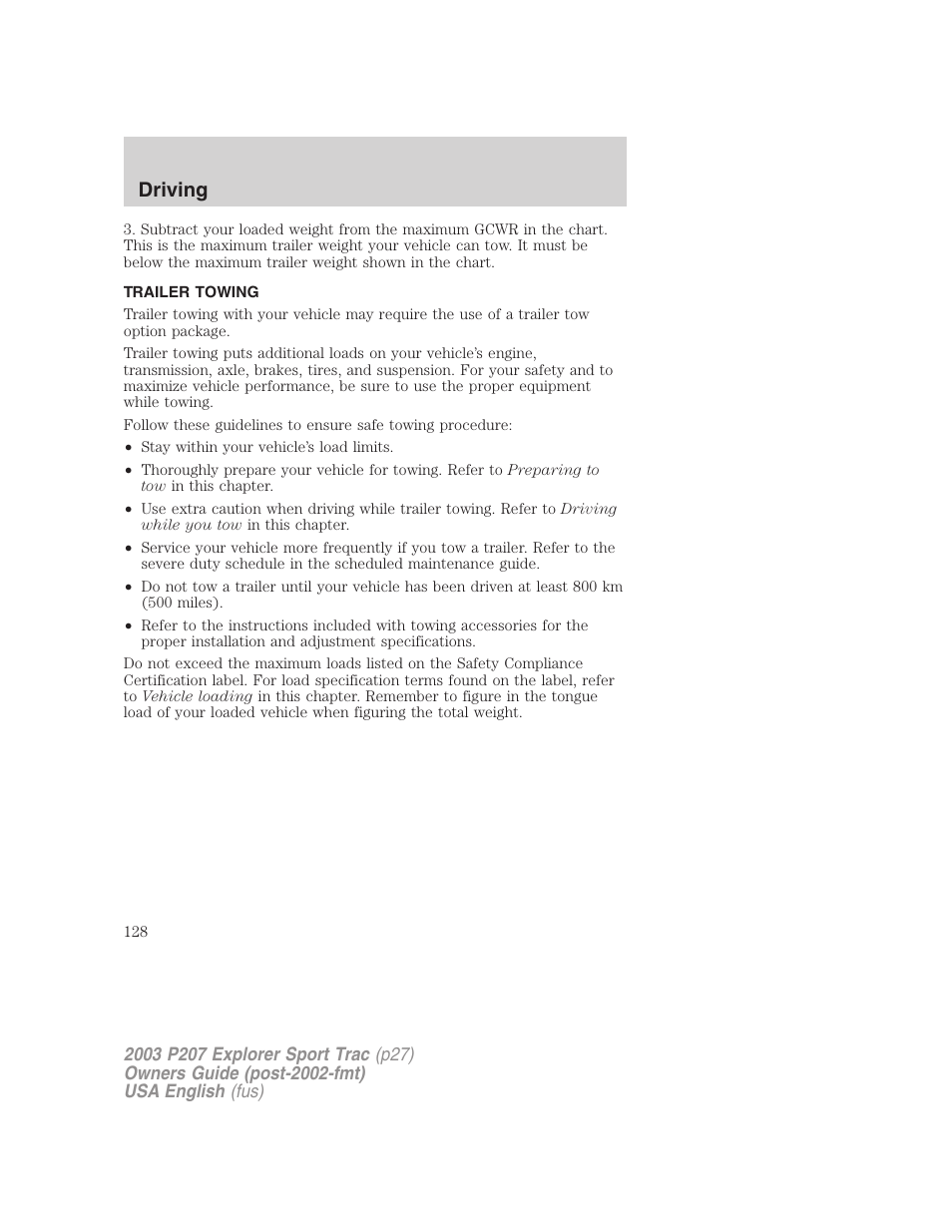 Driving | FORD 2003 Explorer Sport Trac v.4 User Manual | Page 128 / 216