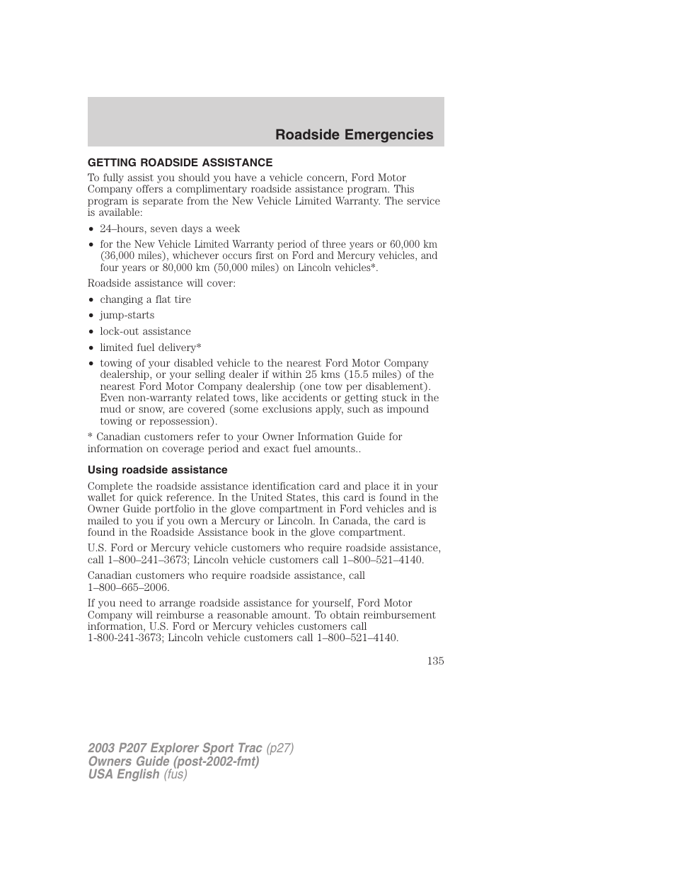 Roadside emergencies | FORD 2003 Explorer Sport Trac v.4 User Manual | Page 135 / 216