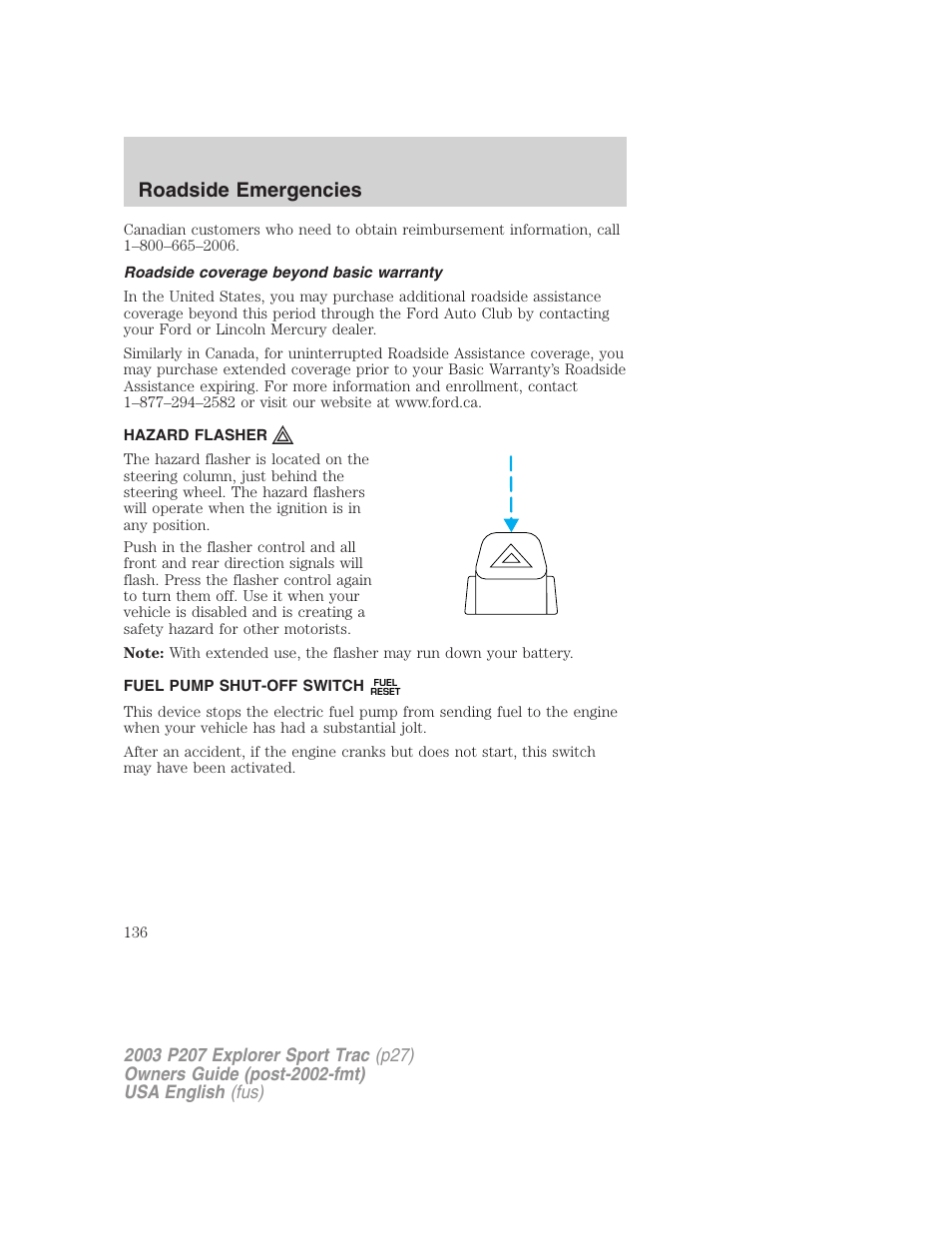Roadside emergencies | FORD 2003 Explorer Sport Trac v.4 User Manual | Page 136 / 216