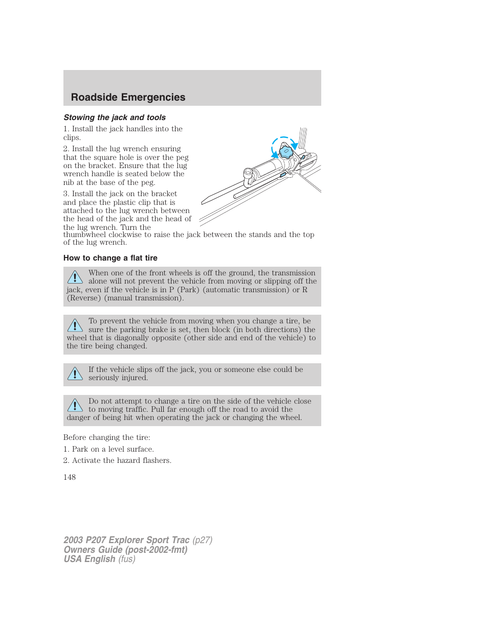 Roadside emergencies | FORD 2003 Explorer Sport Trac v.4 User Manual | Page 148 / 216