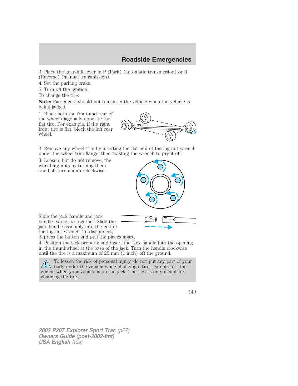 Roadside emergencies | FORD 2003 Explorer Sport Trac v.4 User Manual | Page 149 / 216