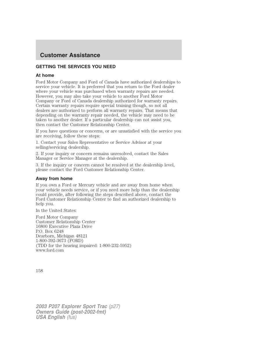 Customer assistance | FORD 2003 Explorer Sport Trac v.4 User Manual | Page 158 / 216