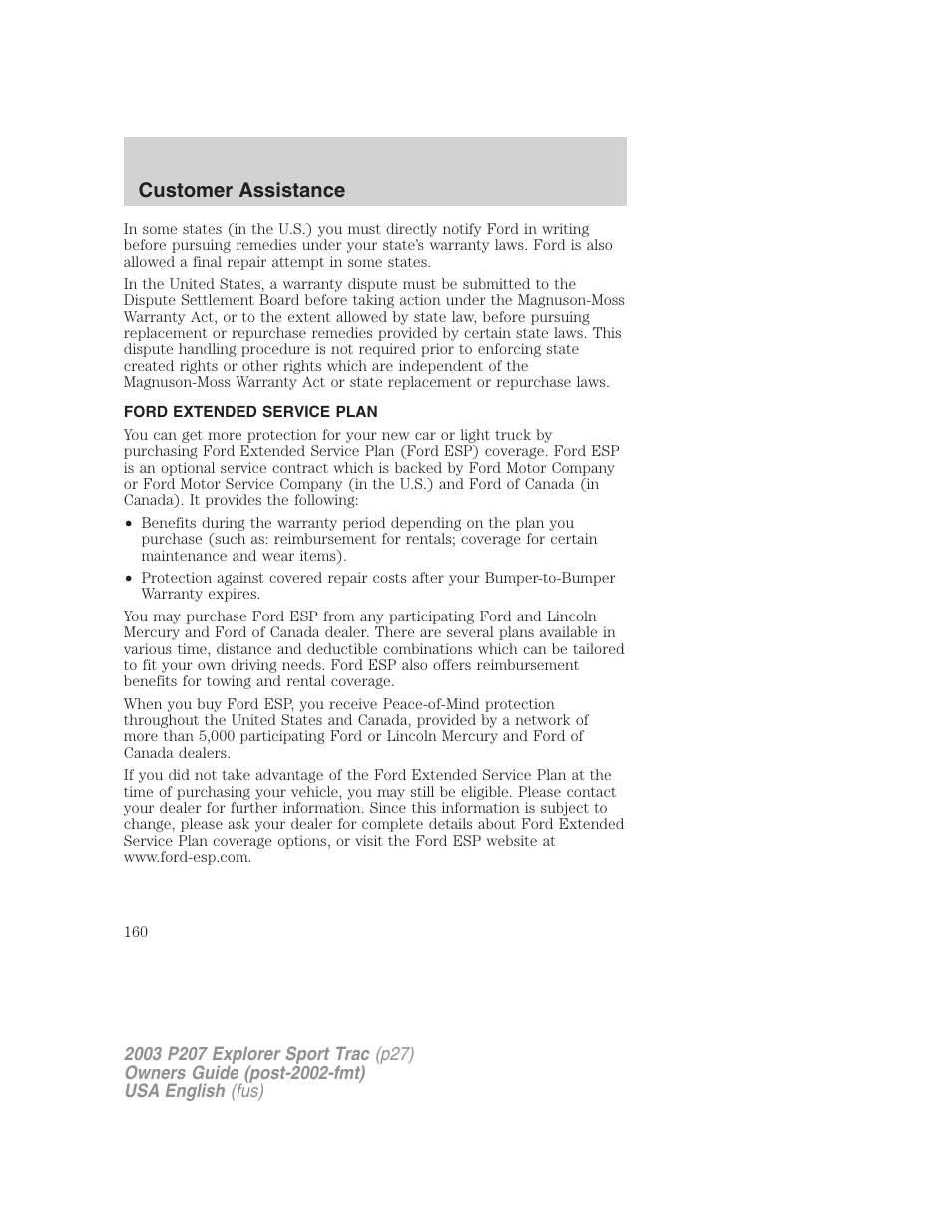 Customer assistance | FORD 2003 Explorer Sport Trac v.4 User Manual | Page 160 / 216