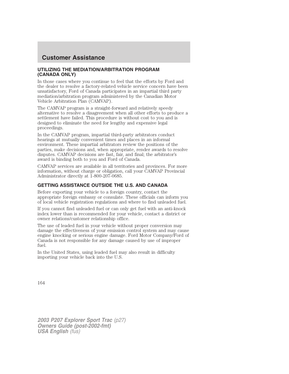 Customer assistance | FORD 2003 Explorer Sport Trac v.4 User Manual | Page 164 / 216