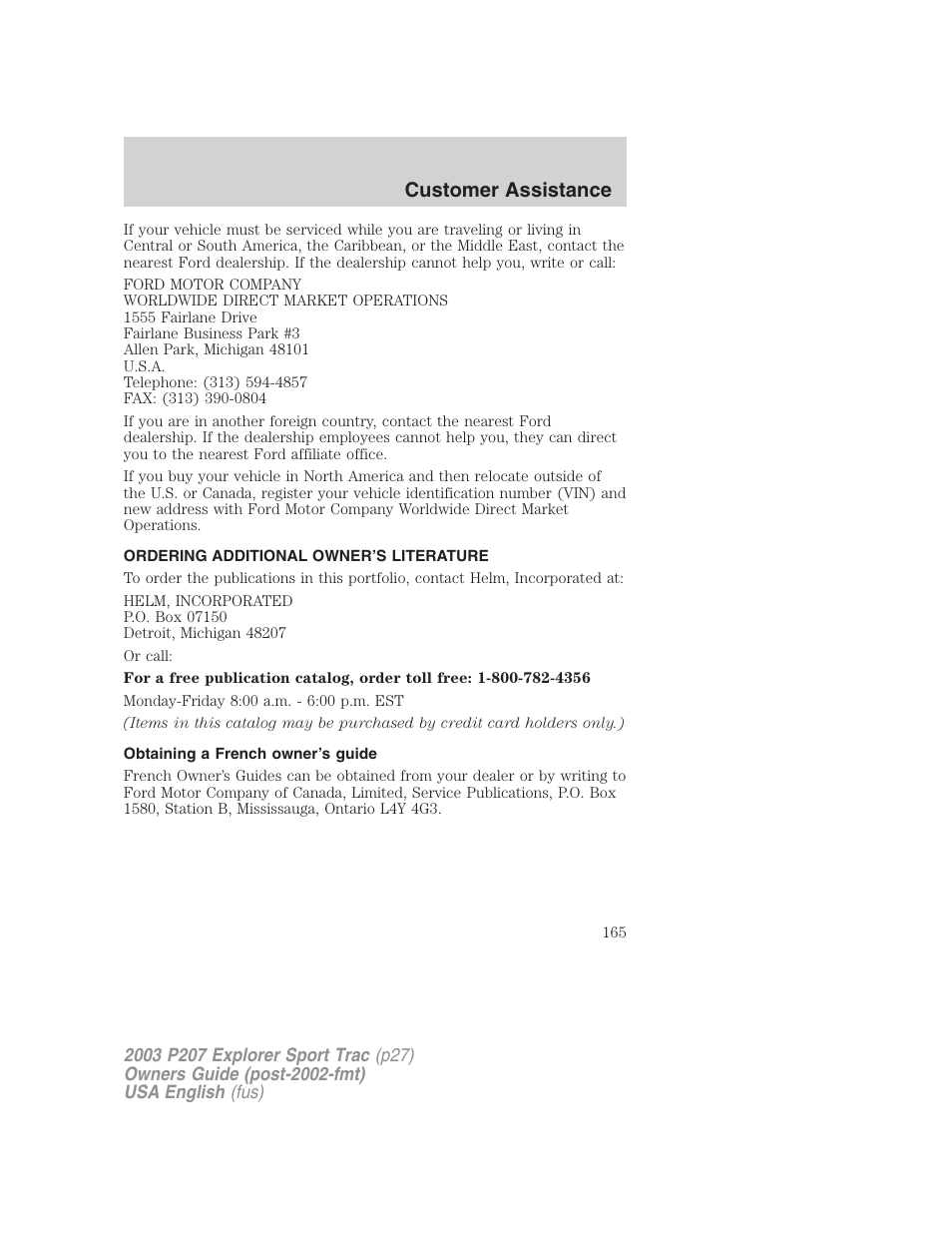 Customer assistance | FORD 2003 Explorer Sport Trac v.4 User Manual | Page 165 / 216