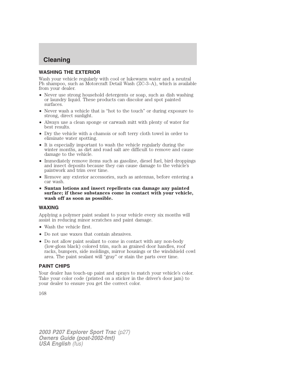 Cleaning | FORD 2003 Explorer Sport Trac v.4 User Manual | Page 168 / 216