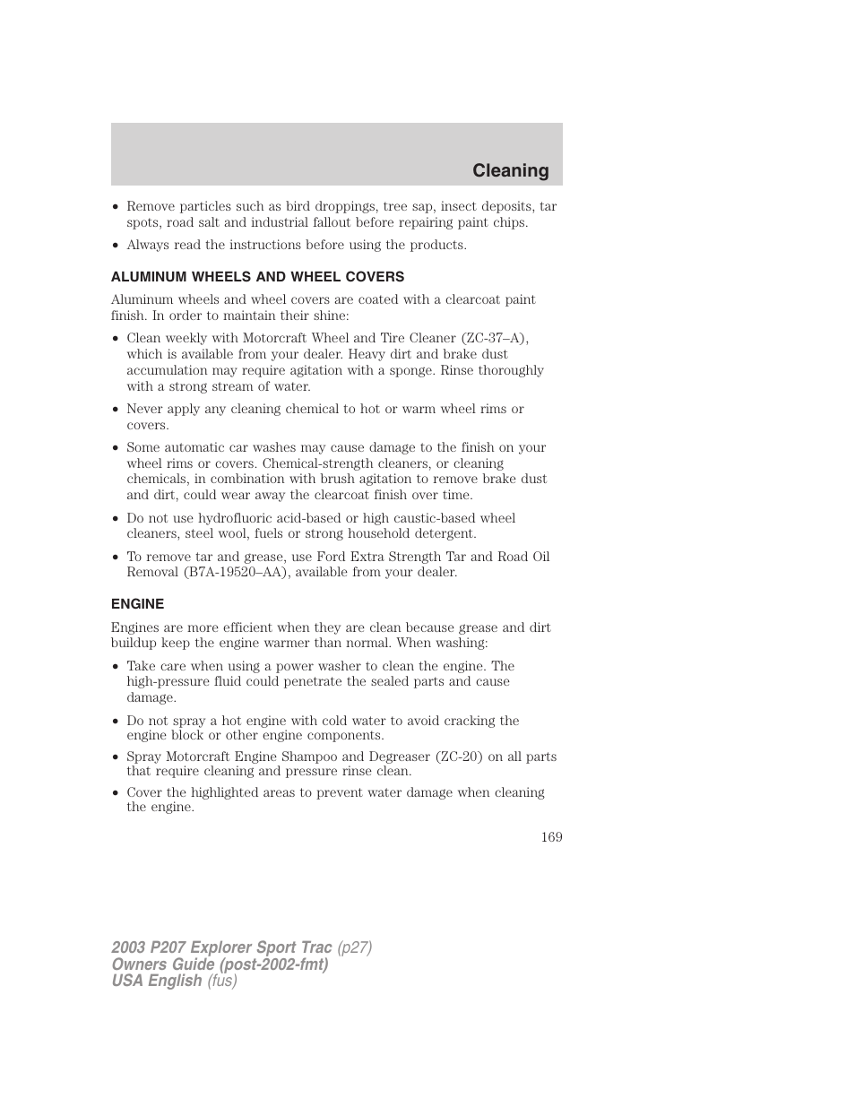 Cleaning | FORD 2003 Explorer Sport Trac v.4 User Manual | Page 169 / 216