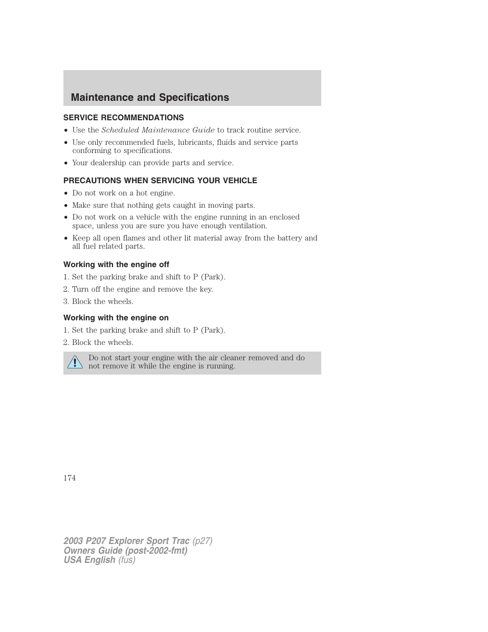 Maintenance and specifications | FORD 2003 Explorer Sport Trac v.4 User Manual | Page 174 / 216