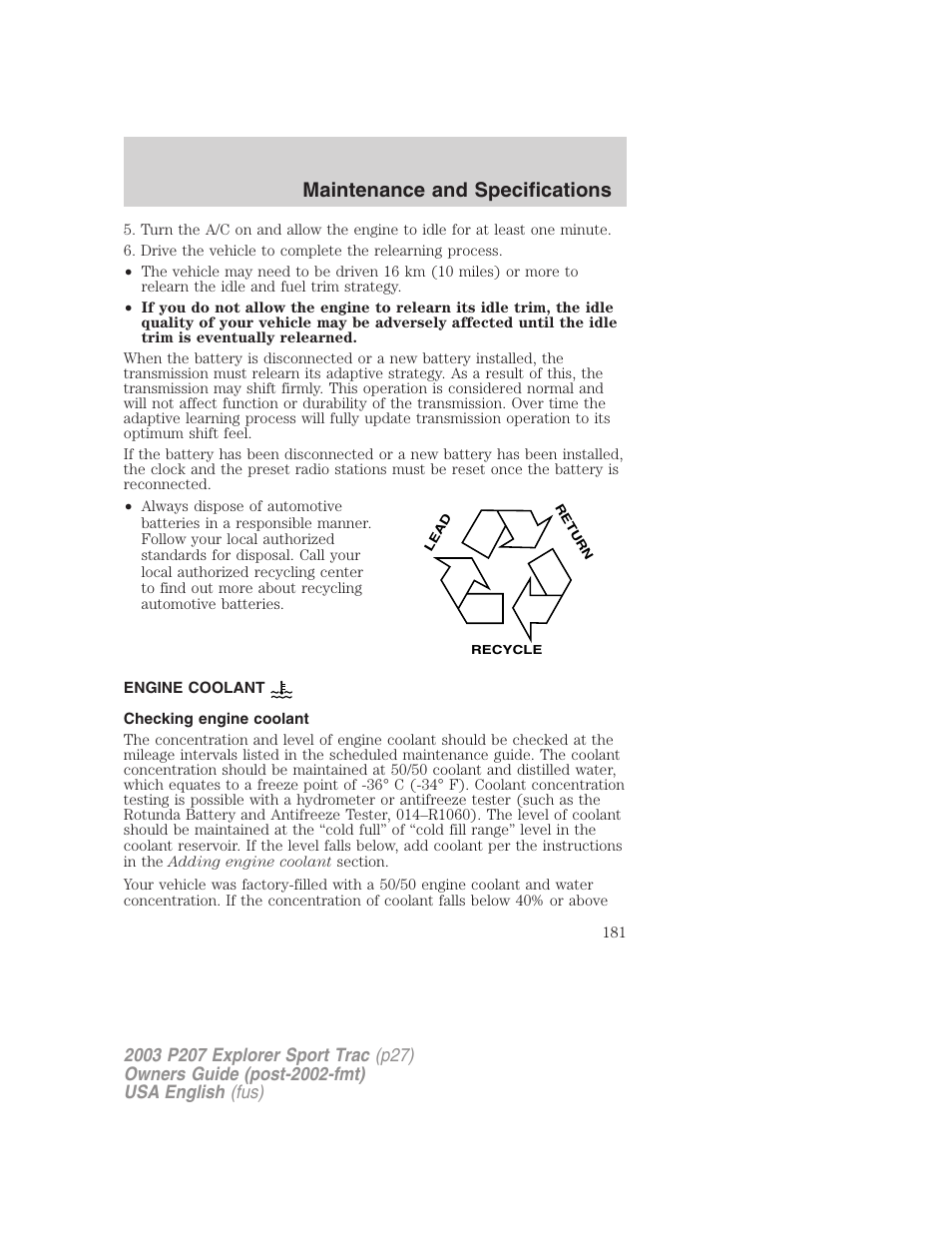 Maintenance and specifications | FORD 2003 Explorer Sport Trac v.4 User Manual | Page 181 / 216
